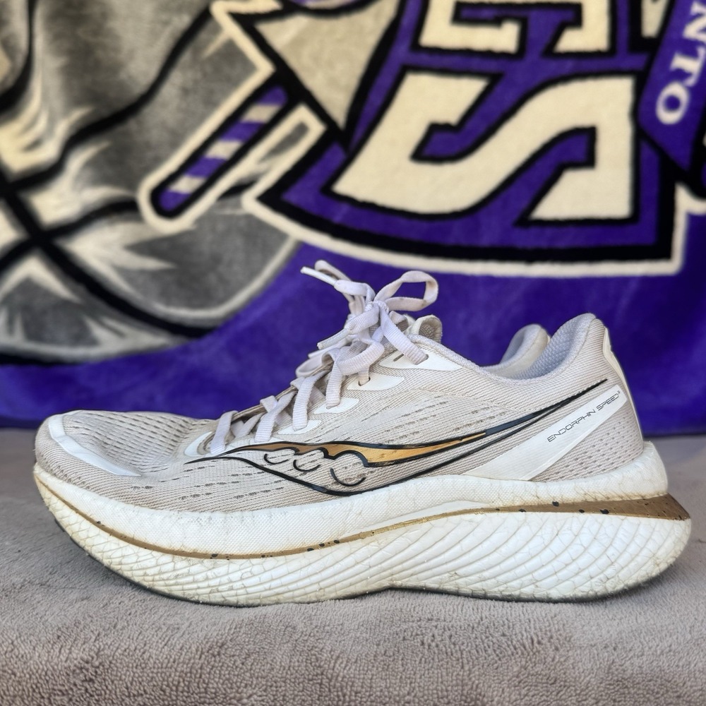 Size 8.5 -โ Saucony Endorphin Speed 3 White / Gold Running Athletic Sneakers